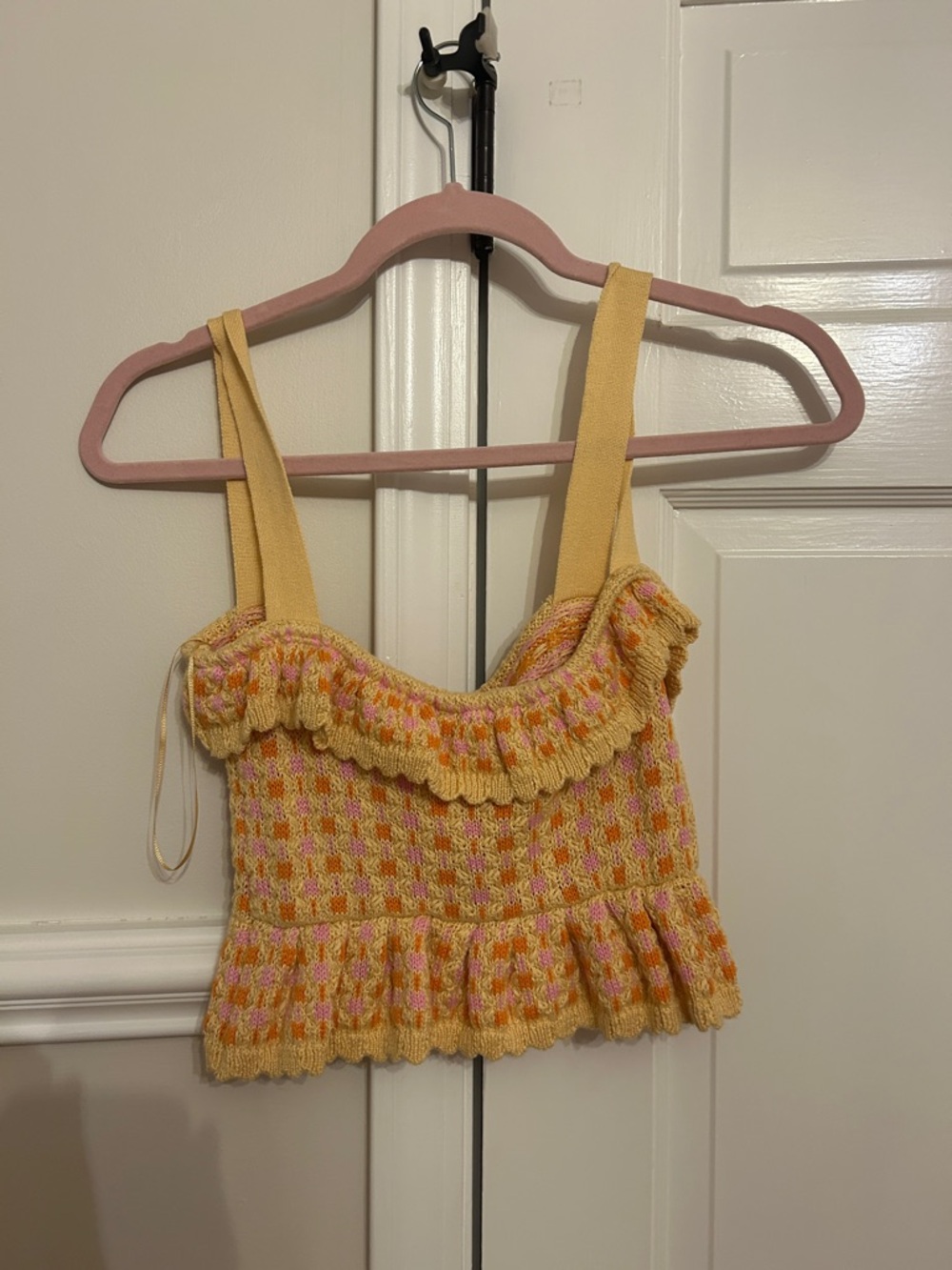 Zara Yellow Pink Knit Ruffle Cropped Tank